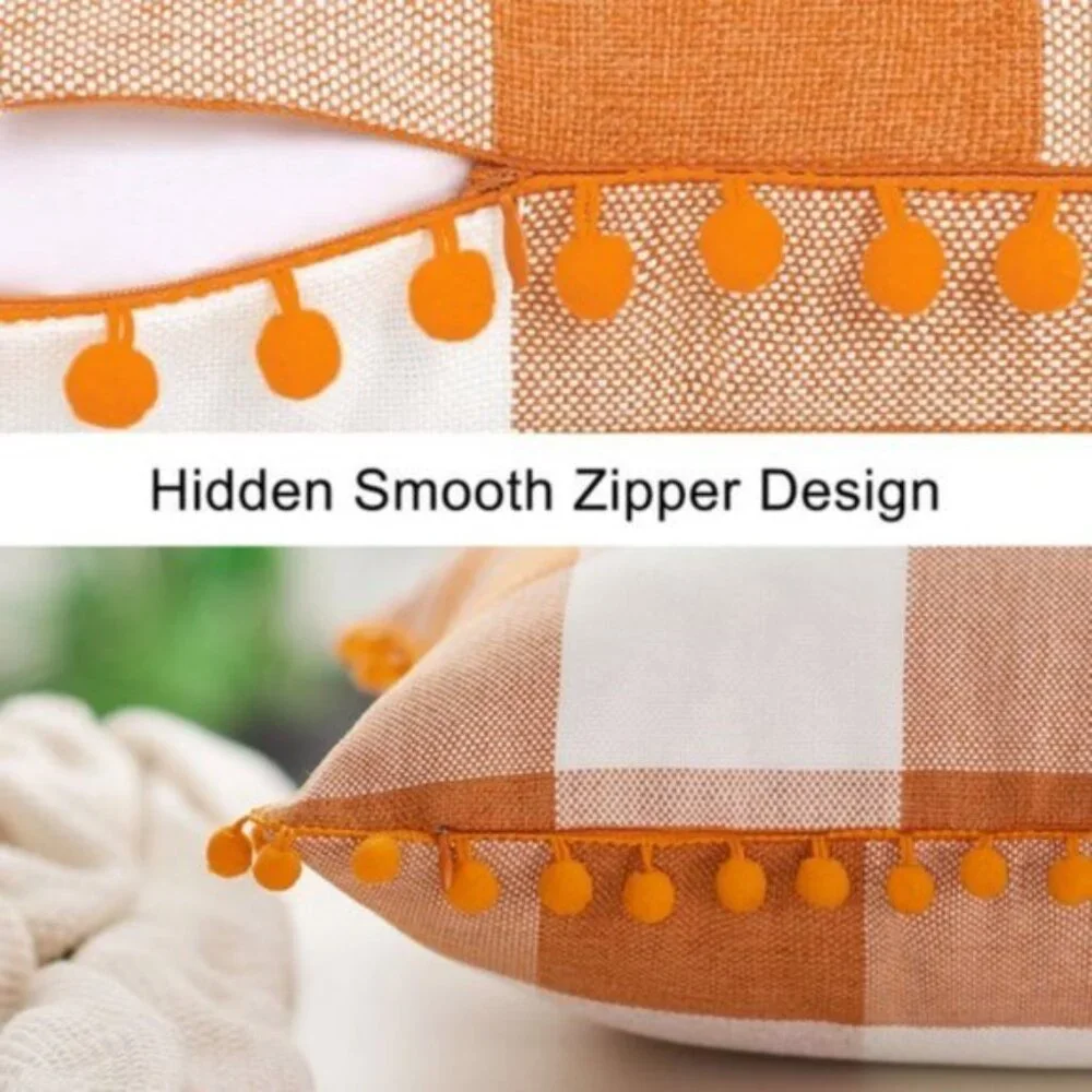 Set of 2 Decorative Plaid Throw Pillow Covers with Pom Poms | 18x18